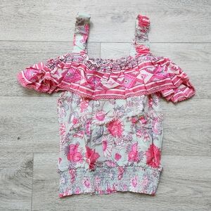 Jennifer & Grace Pink Green Floral Off  Shoulder Tank Womens Small Cottagecore